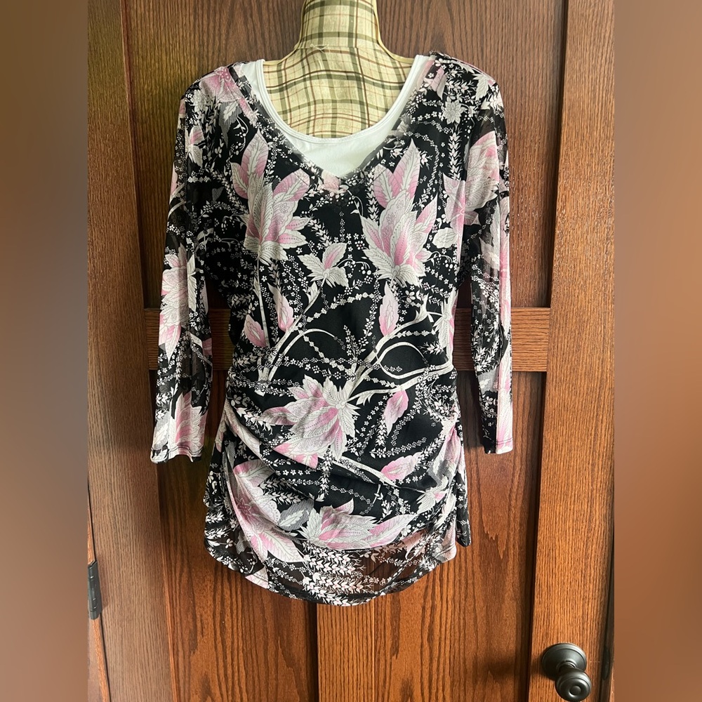 INC International Concepts Pink Floral Ruched Blouse.
